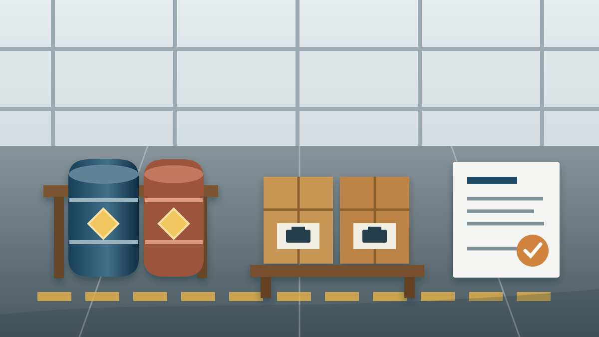 Compliant warehouse staging area with drums, battery cartons, and hazardous cargo inspection
