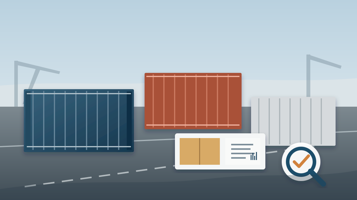 Freight containers undergoing compliance inspection at a busy international port terminal
