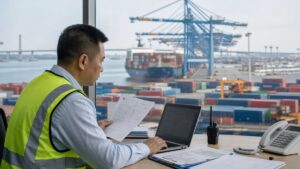 Freight professional reviewing shipping documents at a container port