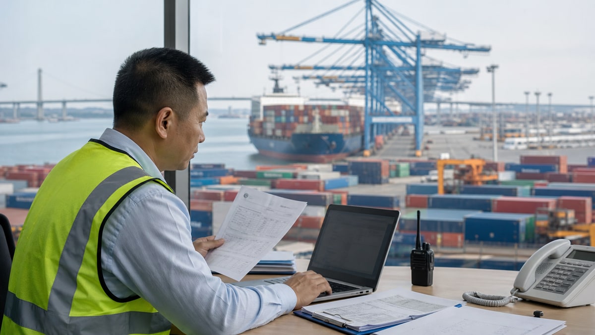 Freight professional reviewing shipping documents at a container port